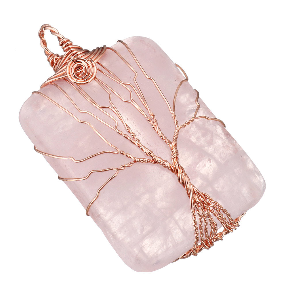 Pendentif arbre en laiton et quartz rose - Rectangle - Plaqué couleur or rose