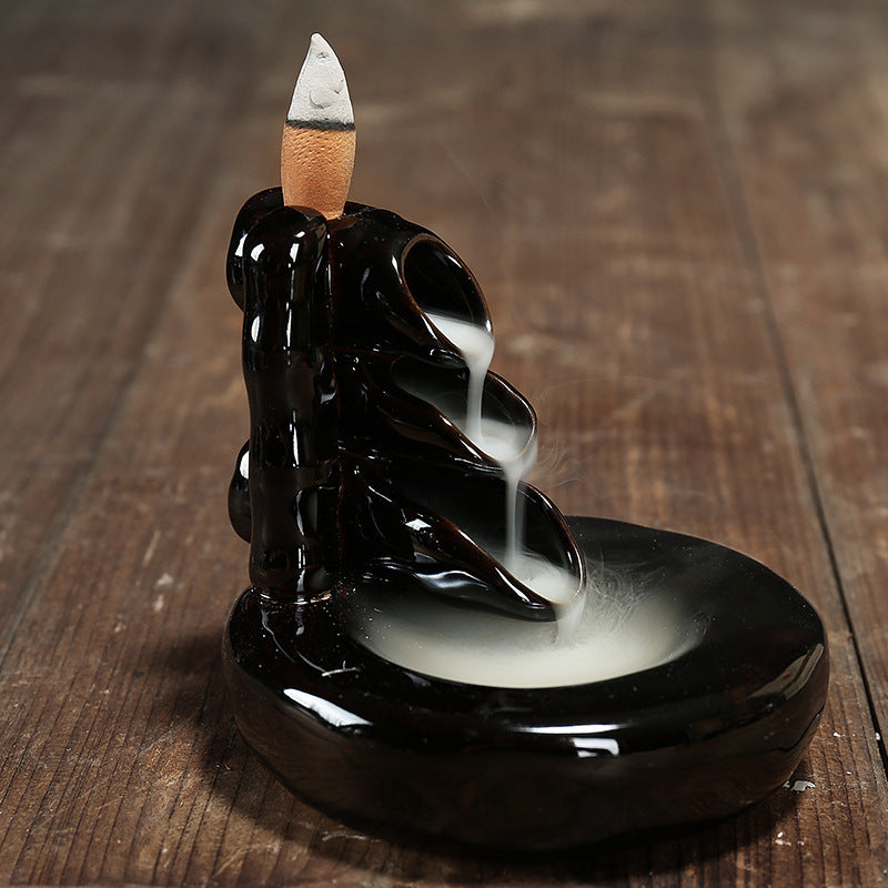 Porcelain Backflow Incense Holder - Black - 12x9.5cm - NEW521