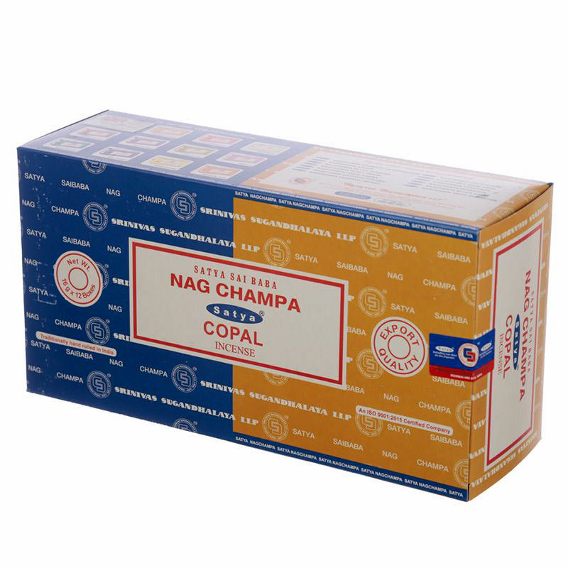 Série Satya Combo - Encens Copal &amp; Nag Champa - Boîte de 12 paquets Chaque paquet contient 8 g de chaque parfum - 16 g NEW421