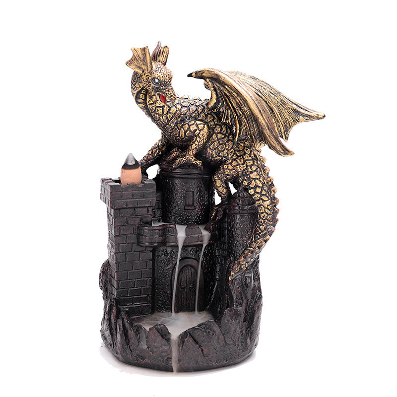 Porcelain Mountain & Golden Dragon Resin - Backflow Incense Burner - 118 x 96 x 210 mm