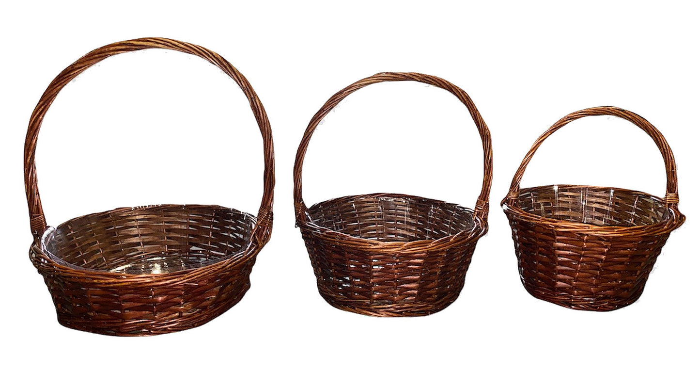 Set of 3 Round Split Willow Baskets with hard liners 8 - 10 and 12 inch - Large 14.36 x 4 - 
Medium 12.36 x 4.7 - 
Small 10.36 x 5.5 inch deep - NEW222