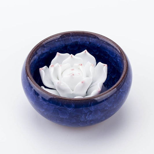 Round Porcelain Incense Burner - Royal Blue - 35mm x 25mm - with inner Flower