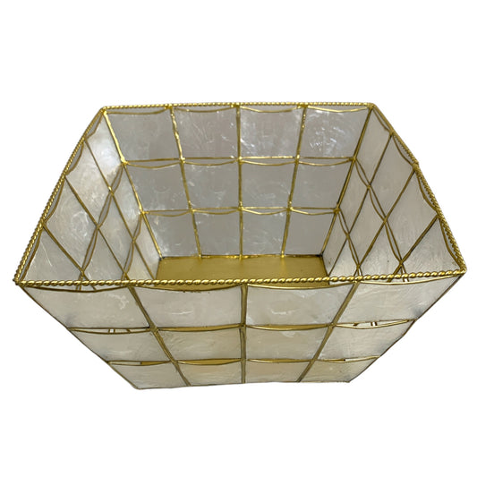 WHITE CAPIZ BASKET W/GOLD - SQUARE 10 inch dia