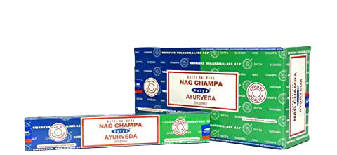 Série Satya Combo - Encens Ayurveda &amp; Nag Champa - Boîte de 12 paquets Chaque paquet contient 8 g de chaque parfum - 16 g NEW421