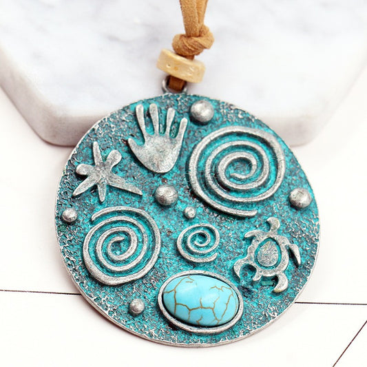 Pendentif tribal bronzé antique avec Syn Turquoise sur collier de cordon de velours marron - 50x55mm Longueur 35 pouces - NEW322