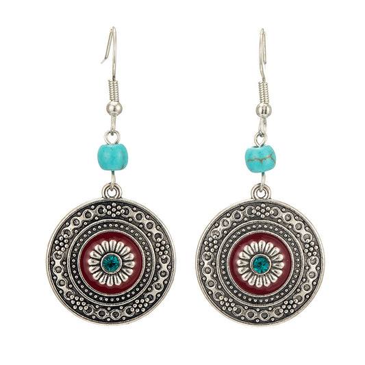 Boucle d'oreille Turquoise Ronde avec Turquoise - Style Vintage Plaqué Argent Taille : 55x25mm