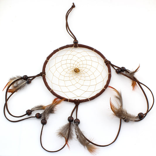 Fashion Dream Catcher with Iron, Waxed Cotton Cord, Velvet, Feathers, & Wood - Deep Coffee Colour