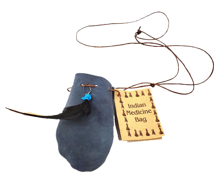 Medicine Dream Bag - Gray - 10 Pack - 3x2 with a 18 inch cord - Soft leather Decorated  with a feather and stone - NEW1021
