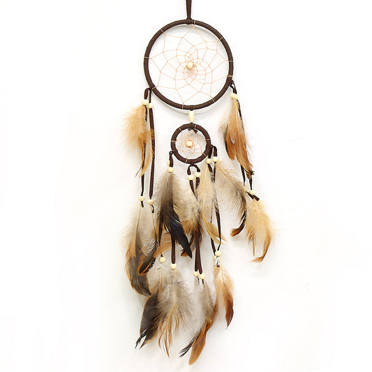 Dream Catcher Cotton Thread & Feathers handmade - Coffee - 11x55cm - NEW1220