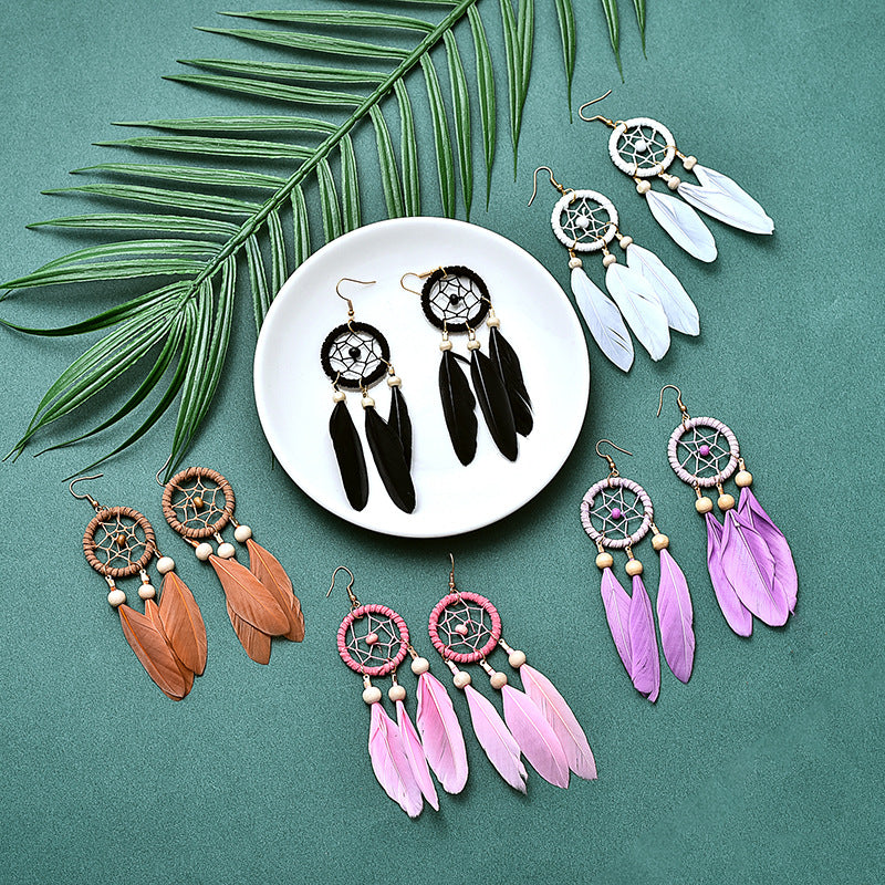 Black Feather Dream Catcher Earrings - Zinc Alloy with gold color plated enamel Size:31x115mm