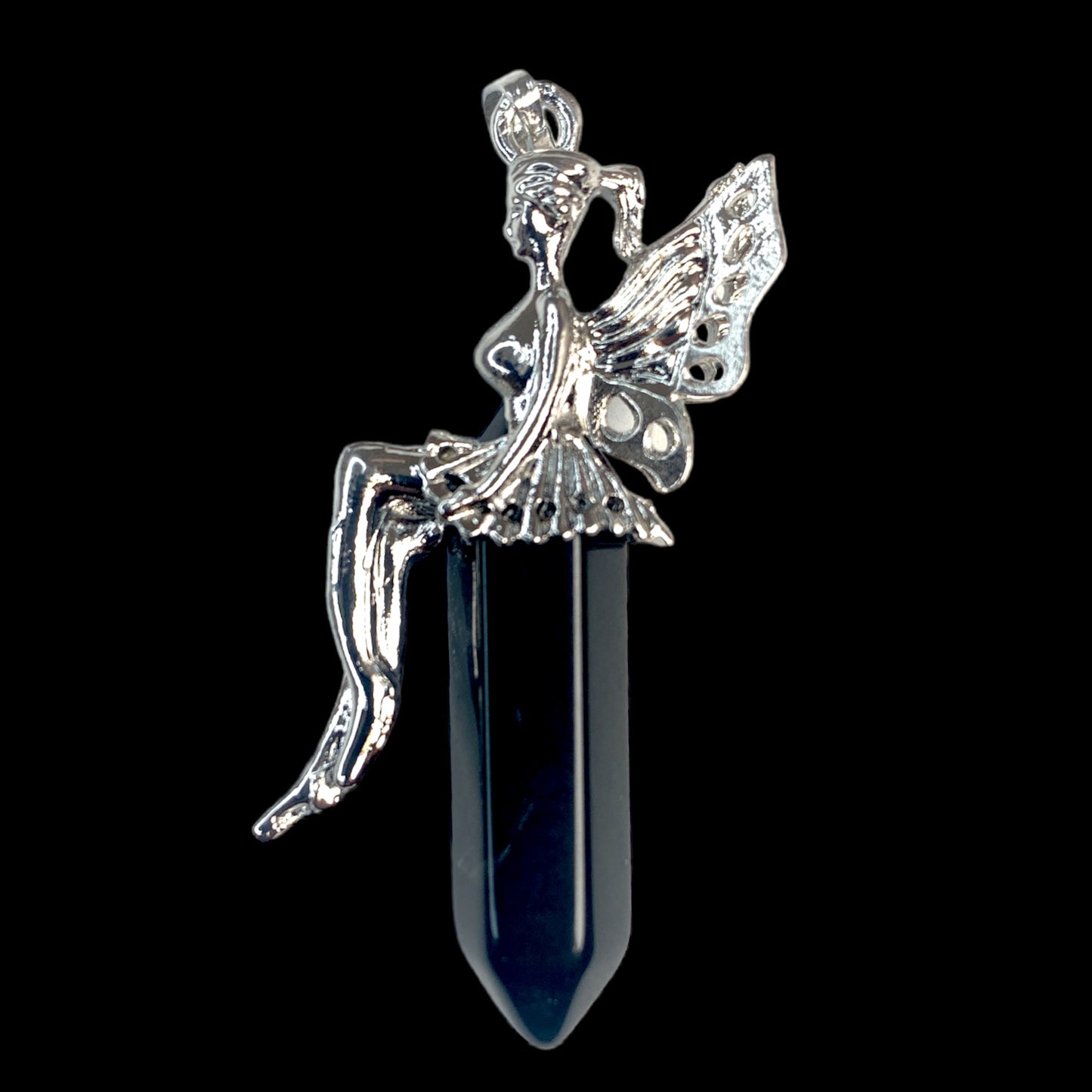 Pendentif terminé Fairy Design - Obsidienne noire - Métal plaqué argent - 50 mm - Chine - NEW1022