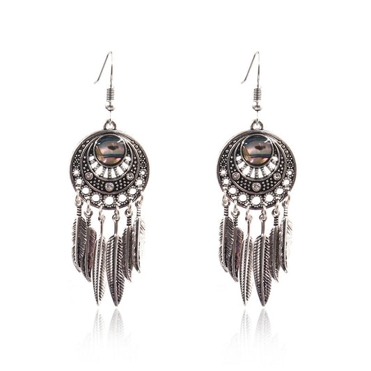 Dangling Feather & Abalone Earrings, Zinc Alloy plated nickel, lead & cadmium free Size: 70x23mm