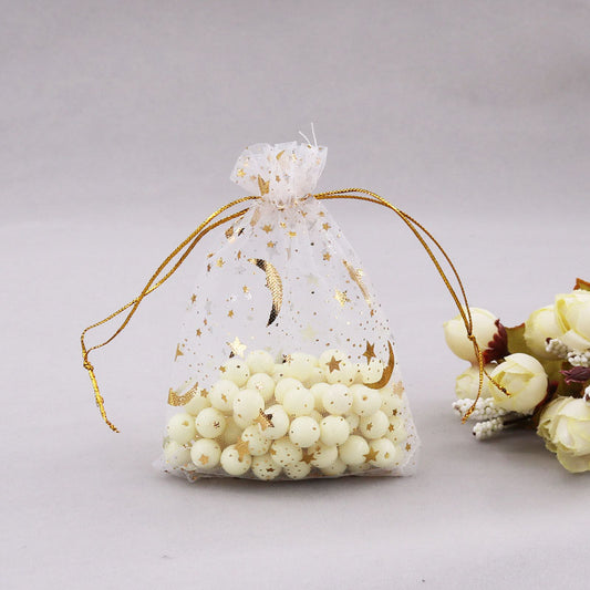 PK/100 Blanc avec imprimé étoile et lune dorées 2,75 x 3,5 pouces ORGANZA POUCH BAG - RECTANGLE avec cordon de serrage - 7x9cm - NEW922