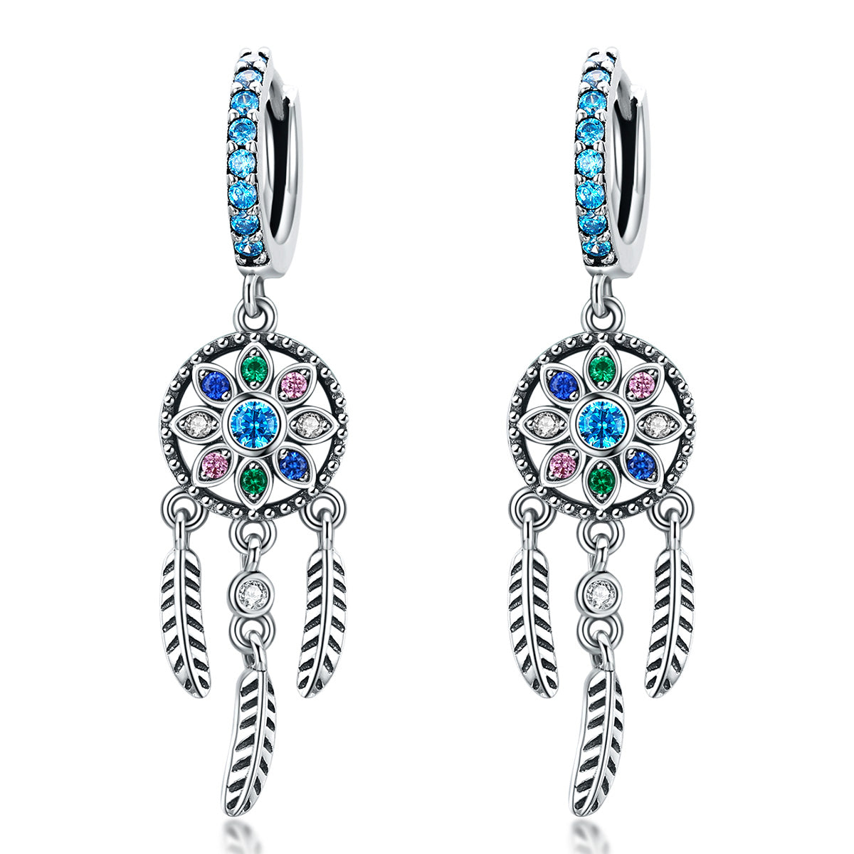 Vintage Dream Catcher Feather Tassel drop Earrings - Sterling Silver 925 - Micro insert CZ - 
 NEW622