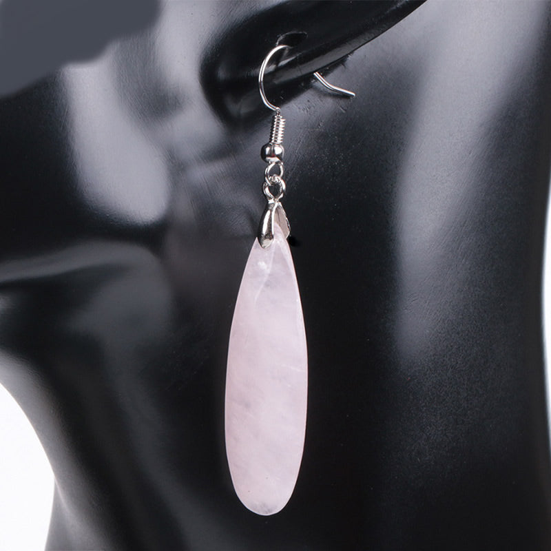 Boucles d'oreilles pendantes avec pierres précieuses en quartz rose - Laiton plaqué argent - Taille 62x12x6mm - NEW322