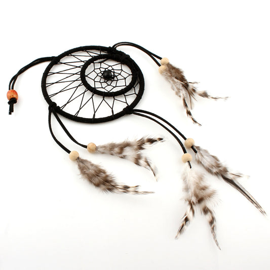 Dream Catcher with Feathers, Black with Wood Beads 15L x 6" Wide