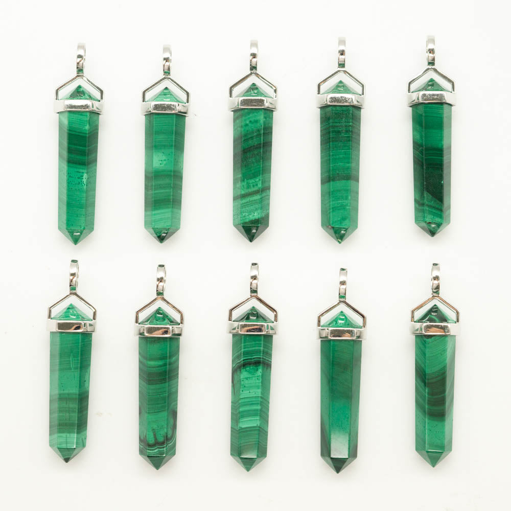 Silver Gemstone Malachite Point 7x8x30/35mm Pendant - NEW921