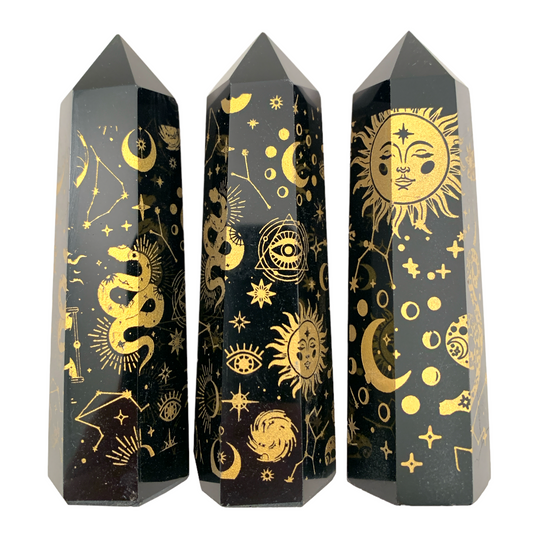 Black Obsidian with Gold Sun & Snake Engraving - Polished Points - 8- 12cm - Price per gram - China - NEW722