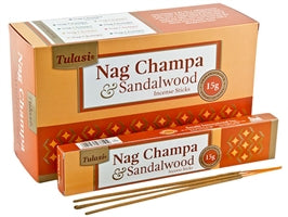 Tulasi Incense - Nag Champa & Sandlewood Natural Incense - 15 Sticks Pack - 12 Packs Per Box - NEW1120