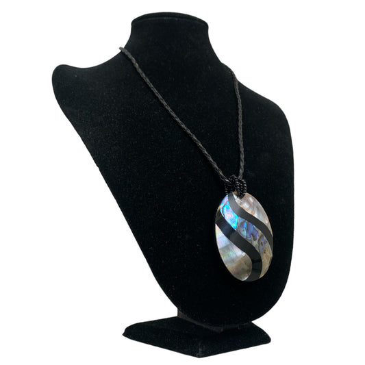 Abalone and MOP Shell Oval Pendant with Twisted Leather Necklace