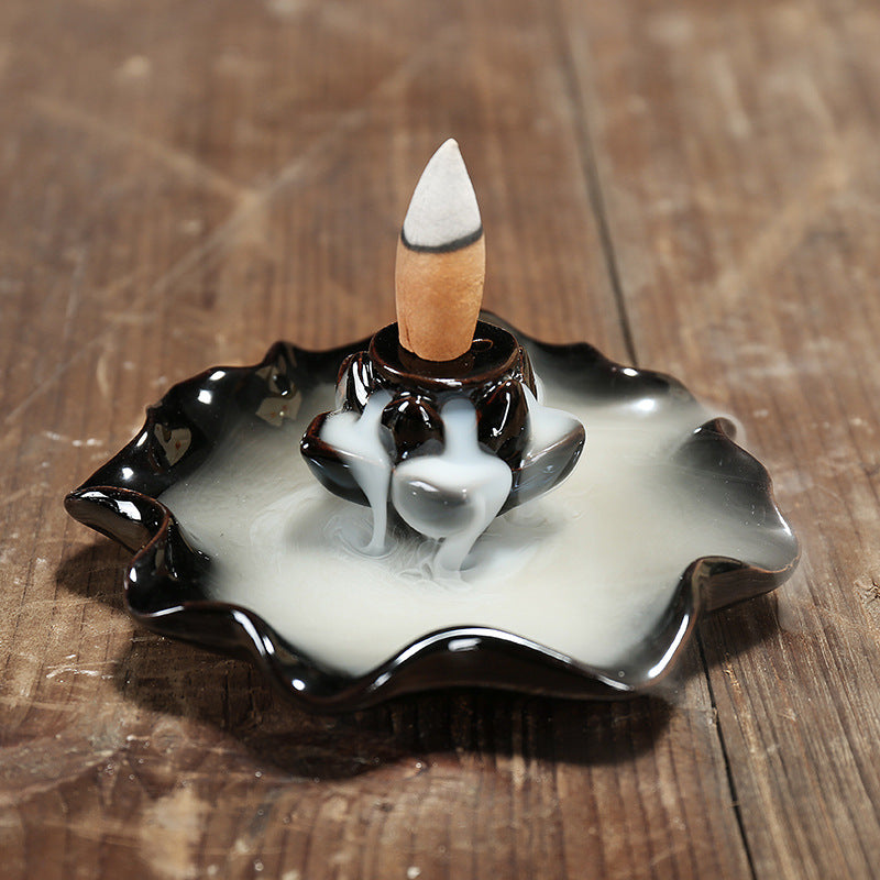 Porcelain Backflow Incense Holder - Round Black - 11.5x4.5cm - NEW920