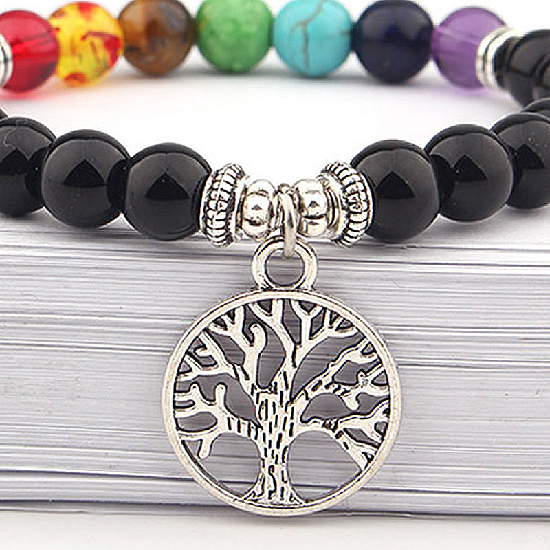 Black Agate Stone Bracelet, with Tree of Life Charm - 8mm Length 7 Inch - NEW521