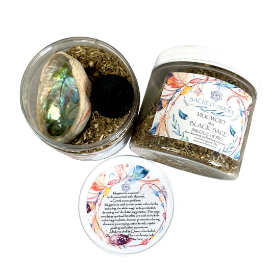 Black Sage aka Mugwort - Loose Leaves with small Abalone shell and Charcoal - 2oz Jar - Sacred Smoke Smudge Supplies