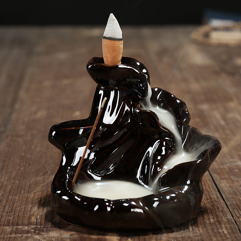 Porcelain Backflow Incense Holder - Black - 12.5x4.8cm