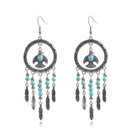 Fringe Vintage Style Tribal Round Zinc Alloy Drop Earrings with Howelite - Silver color plated - 30x90mm - NEW421