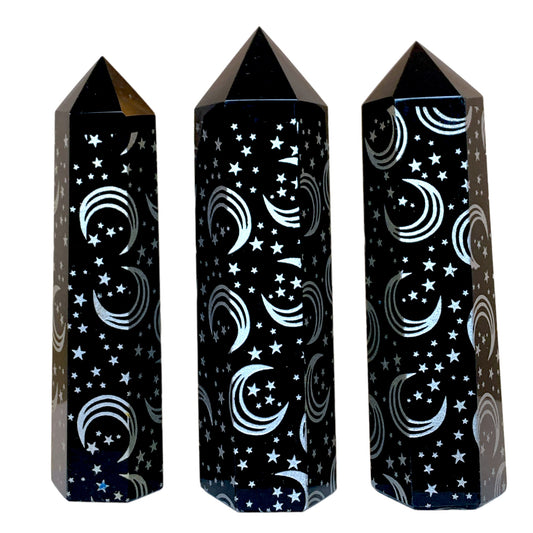 Black Obsidian with Silver Moon Engraving - Polished Points - 8- 12cm - Price per gram - China - NEW722