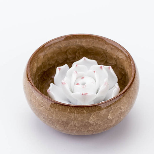 Round Porcelain Incense Burner - Yellow - 35mm x 25mm - with inner Flower