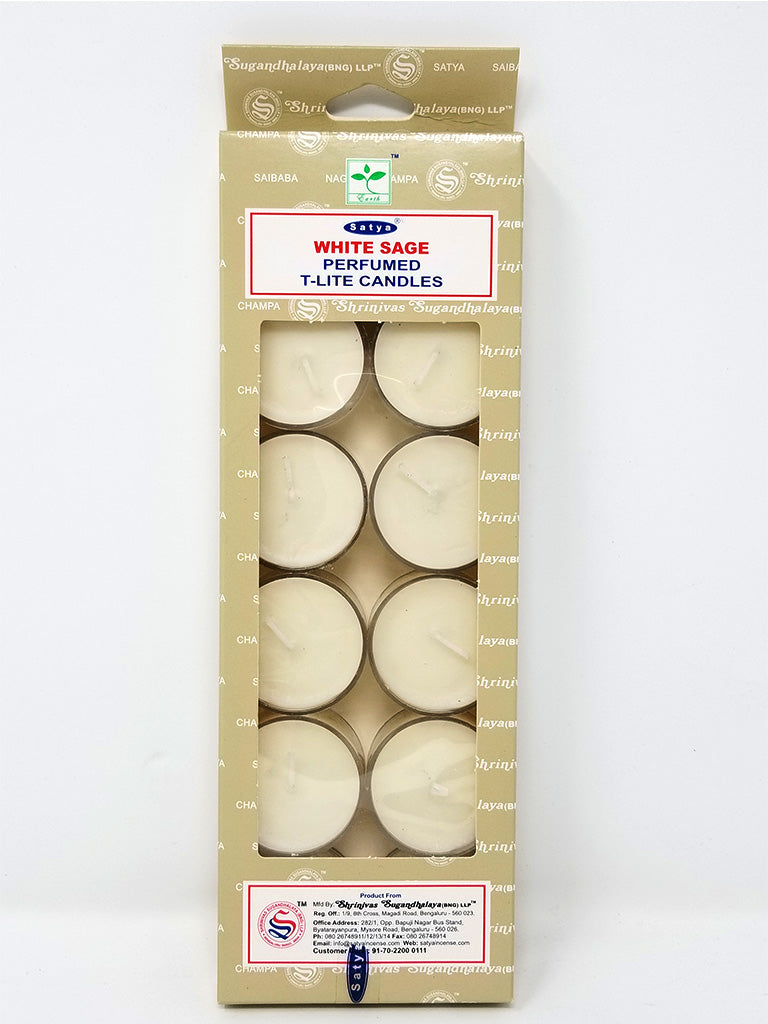 Bougies Satya WHITE SAGE T-Lite - 12 par paquet - fabriquées avec de l'huile pure WHITE SAGE - NEW1020