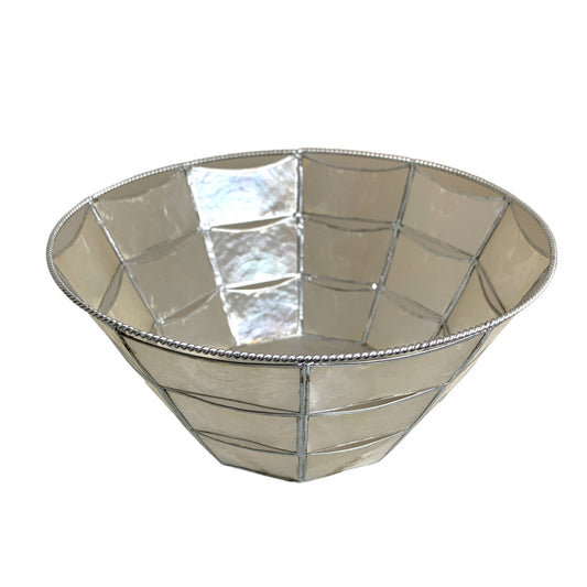 WHITE CAPIZ BASKET W/SILVER - ROUND 7-5 inch dia