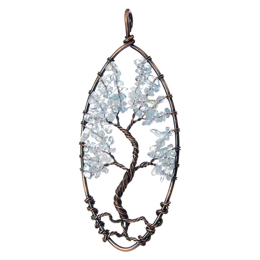 Tree Of Life Pendant - Brass with Blue Topaz Gemstone, Antique Copper Plated