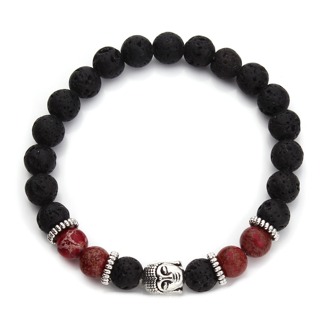 Mala de poignet, lave avec impression Jaspe et alliage de zinc, Bouddha ROUGE, plaqué couleur argent antique, bijoux naturels et bouddhistes, 157 mm env. 6 pouces