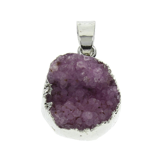 Agate Druzy Pendant - Purple Ice Quartz Agate with iron bail - Flat Round - Silver color plated - 15x7mm to 17x10mm - Hole  5x6mm - NEW222