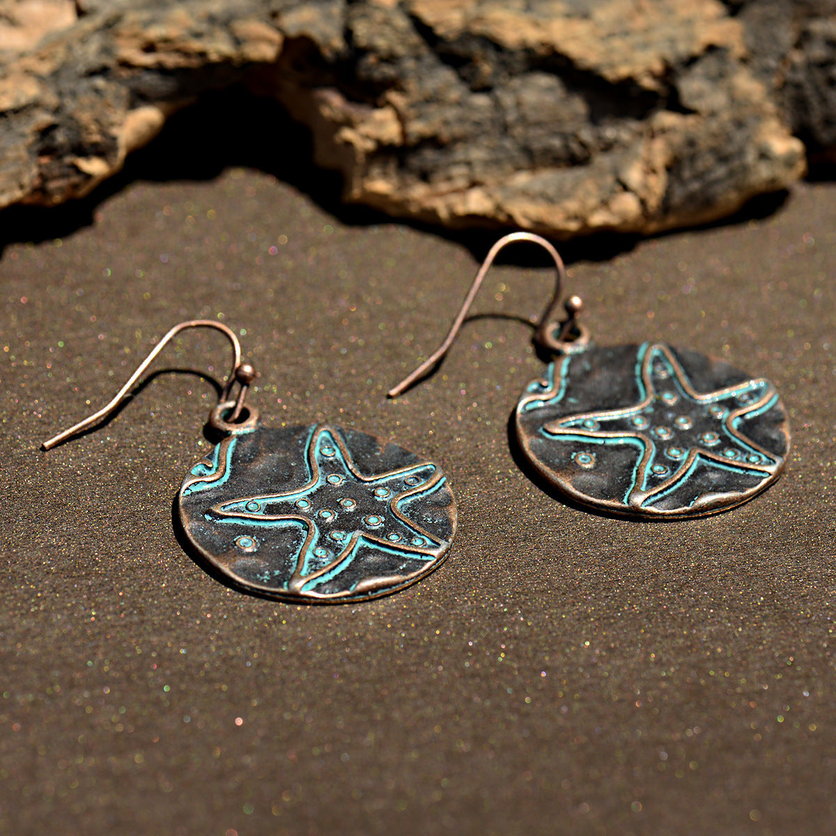 Boucles d'oreilles rondes en alliage de zinc turquoise motif étoile de mer