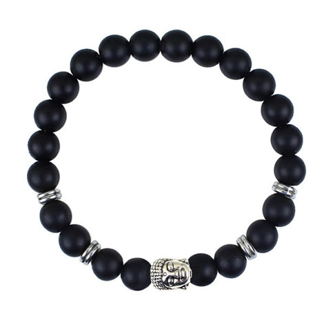 Black Agate 8mm Bead Bracelet with Buddha Head Silver Color - Buddhist Mala Jewelry - Length Approx 7 Inch - China - NEW423