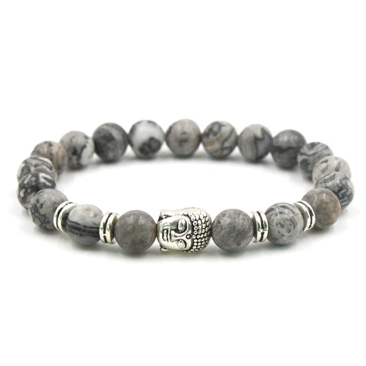 Bracelet en pierres précieuses d'obsidienne flocon de neige avec Bouddha - Longueur 8 mm 7,5 pouces