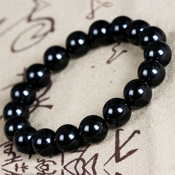 Black Tourmaline Bracelet, Round, October Birthstone - 6mm Beads - Approx 8.5 Inch