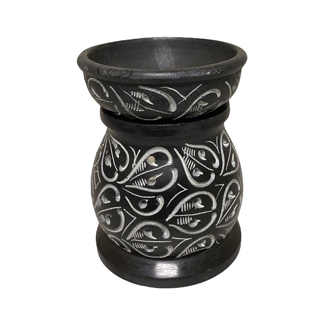 SOAP STONE Aroma Lamp - Black - Resin or Oil Burner - 3 inch - Carved - NEW322