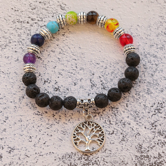 Bracelet Chakra Tree of Life Gem Stone avec perles de lave noires - Longueur 8 mm 7,5 pouces - NEW922