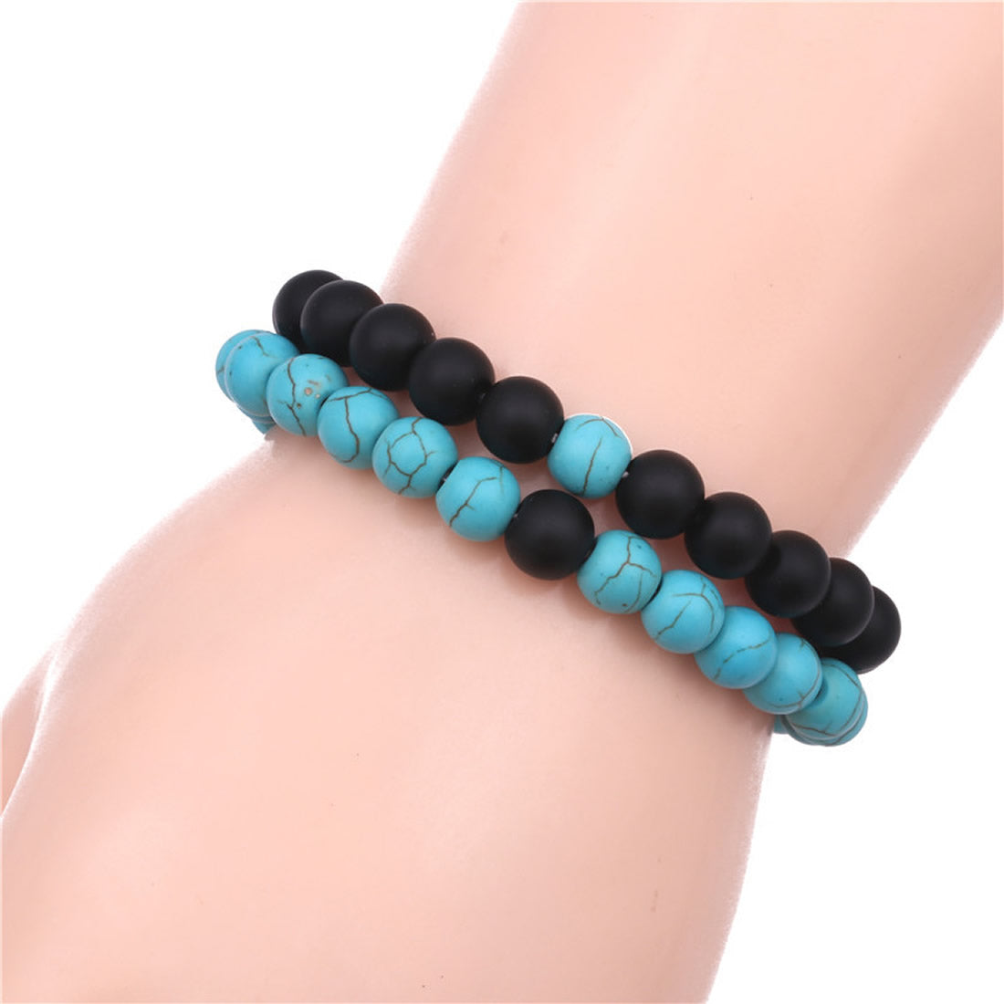 Lot de 2 - Bracelet en pierres précieuses et bois - 8 mm 7,5 pouces - Bleu turquoise