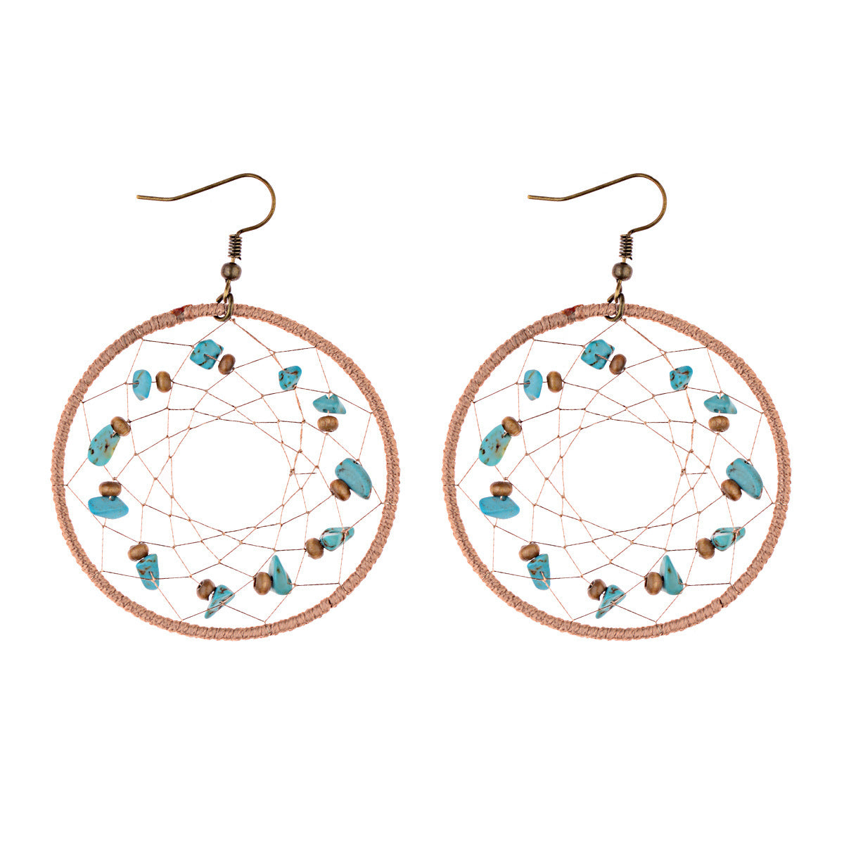 Boucles d'Oreilles Attrape Rêves avec Crochets en Turquoise Synthétique - Alliage de Zinc Sans Plomb et Cadmium - Taille 7.1cm/2.8inch