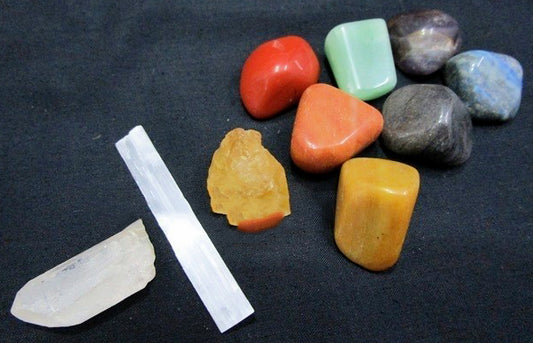Seven Chakra Tumbled Stones with Selenite and Quartz Crystal Set of 9 - India - Red Jasper, Peach Aventurine, Yellow Jade, Green Aventurine, Blue Jade, Amethyst - India