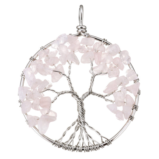 Rose Quartz Tree Of Life Pendant - Brass - Plated - Round