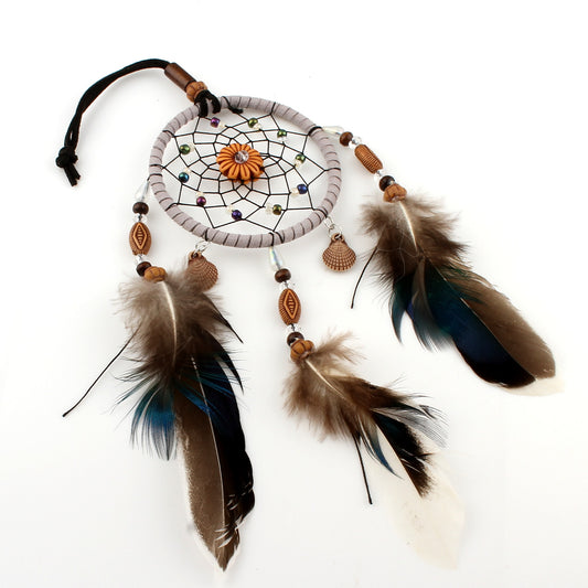 Feather Dream Catcher with Seedbead Grey & Tan 14L x 3" wide