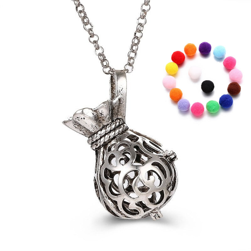 Money Bag BOLA Brass Pregnant Locket Sweater Necklace with Sponge -  Silver Plated - Essential oil diffusion & Rolo chain -  lead & cadmium free - 31 Inch