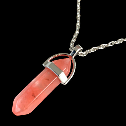 Pendentif en pierre de pendule à double terminaison en quartz cerise 13x35mm avec chaîne de 18 pouces 2 linch Chain Extender - Chine - NEW922