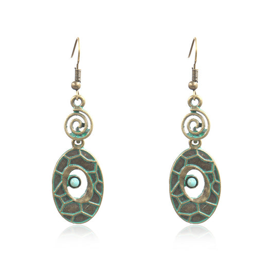 Antiqued Bronze Oval Earrings with Synthetic Turquoise & Wood Hooks - Zinc Alloy Lead & Cadmium Free - Size 27x60mm